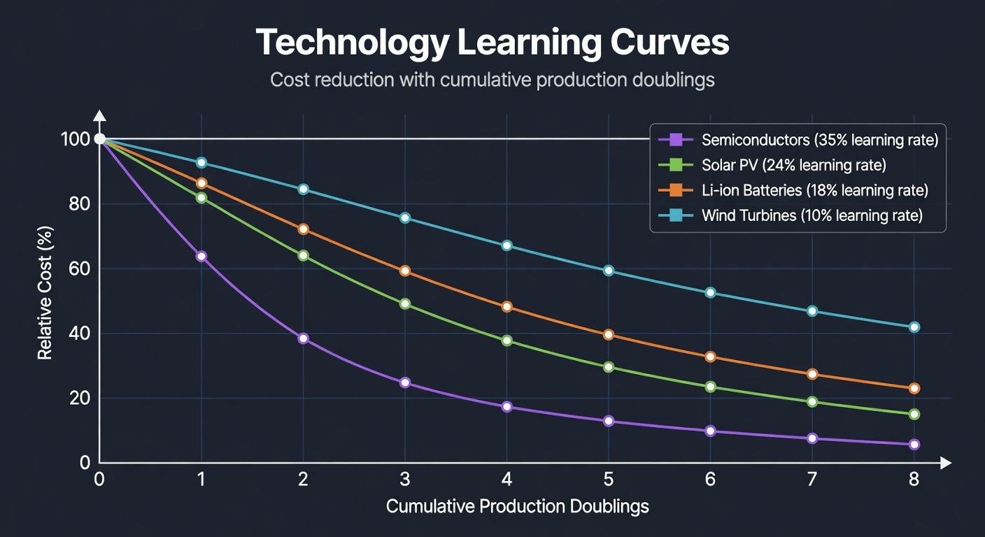 Technology Learning Curves: Cost Reduction per Production Doubling