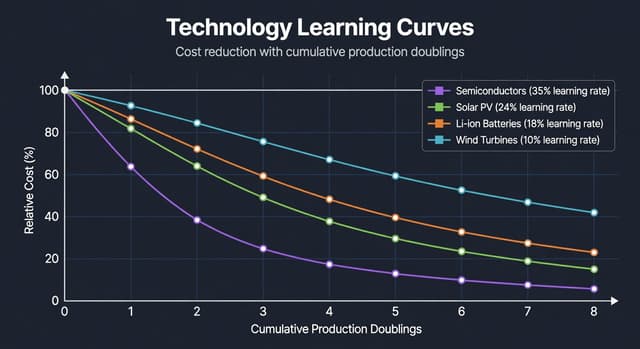 Technology Learning Curves: Cost Reduction per Production Doubling