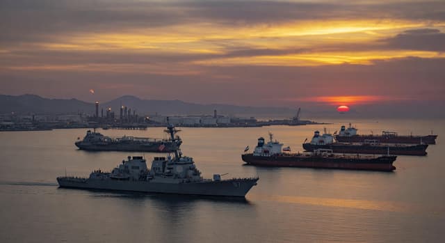 US naval presence enforcing the strategic blockade in the Persian Gulf at twilight