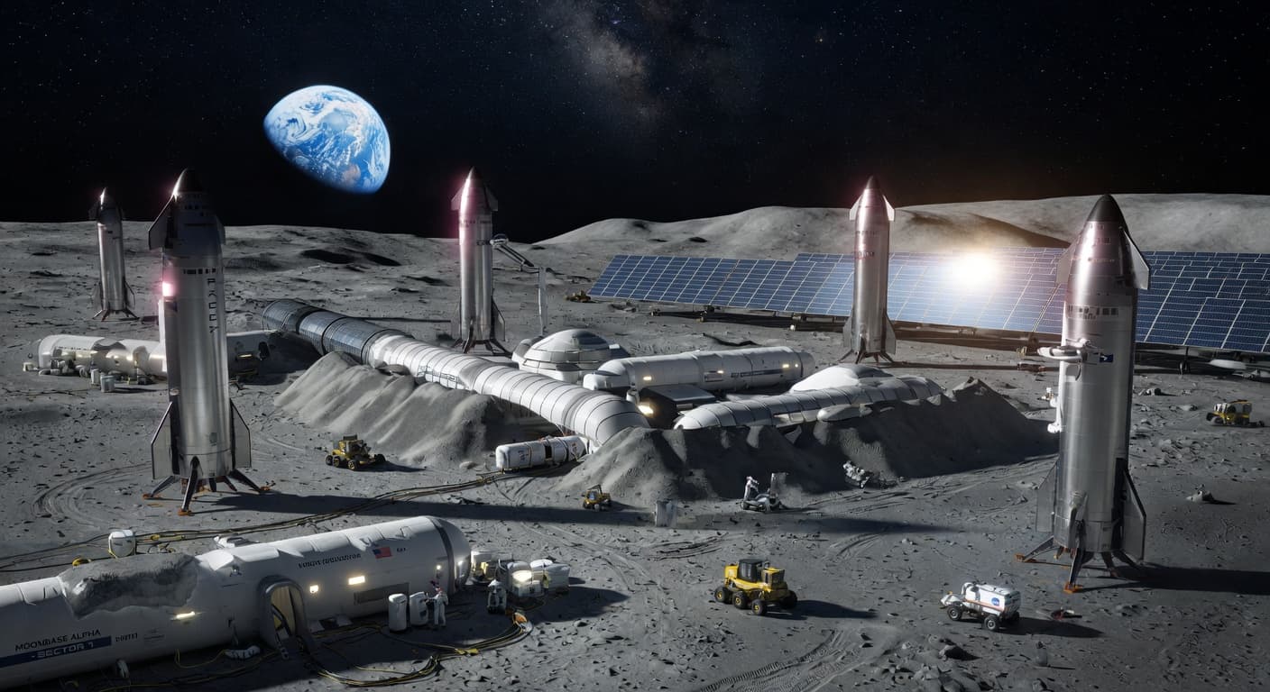 Moonbase Alpha: landed Starships forming the core of a self-growing lunar city