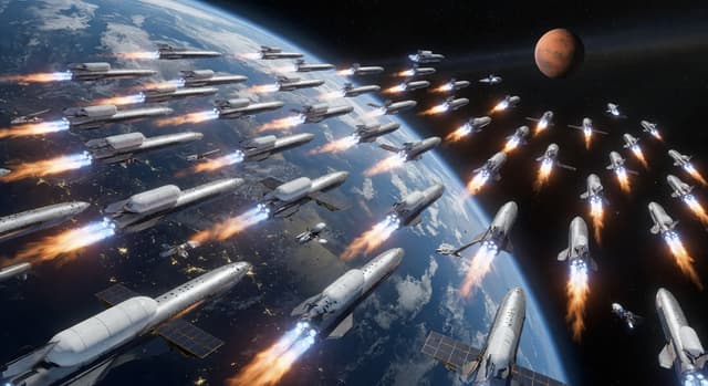 Starship fleet departing for Mars during a transfer window