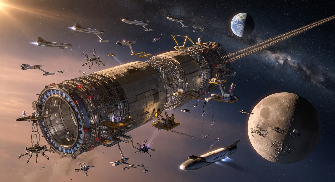 O'Neill cylinder under construction at L5 using lunar materials and Starship fleets