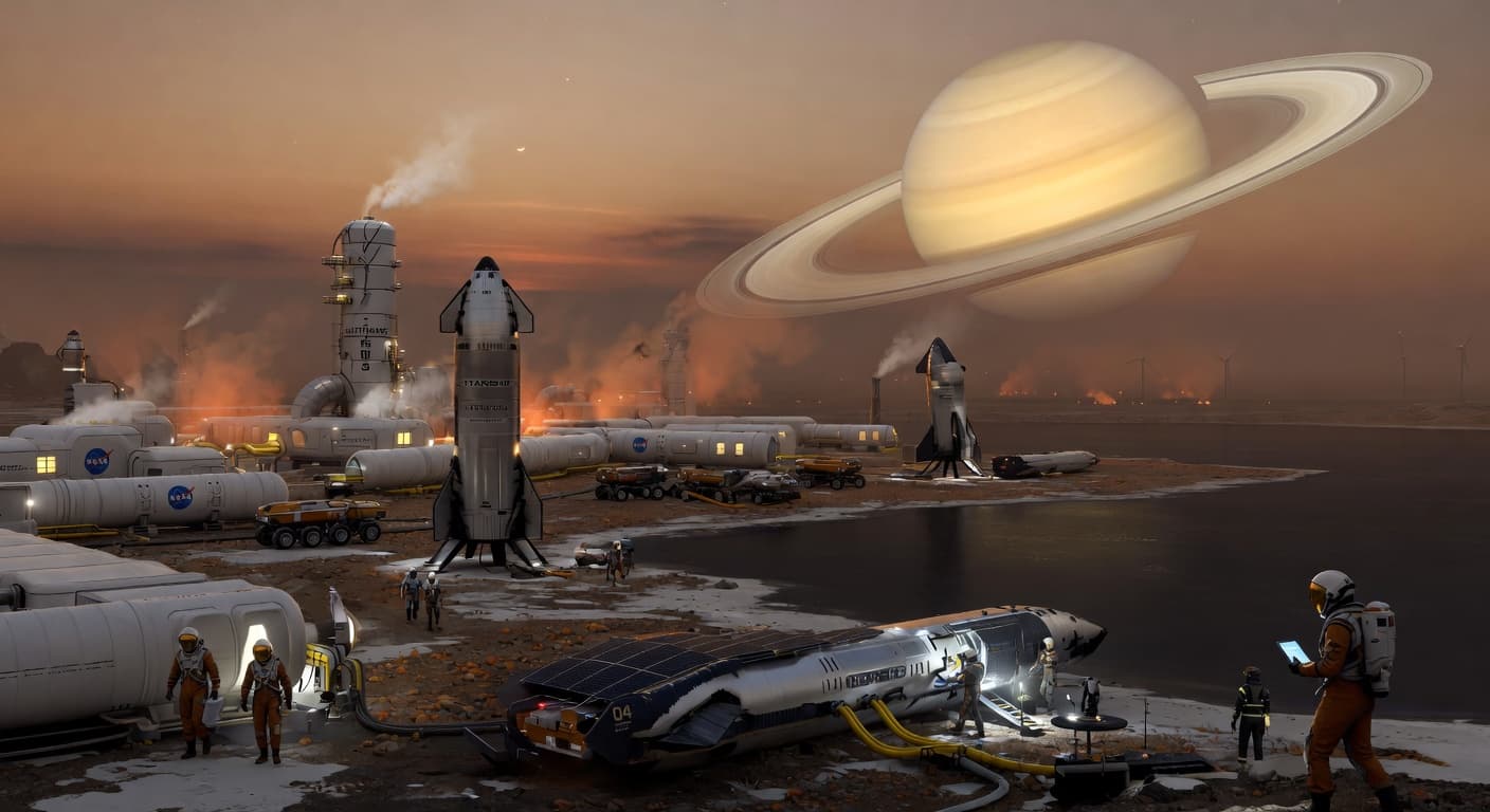 Titan colony on the shores of a methane sea under Saturn's rings