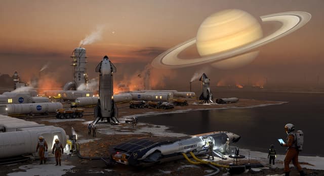 Titan colony on the shores of a methane sea under Saturn's rings