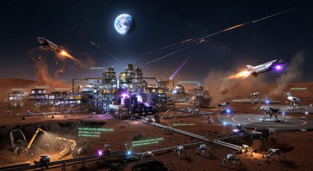Self-replicating robotic factories on Mars accelerate the interplanetary fleet